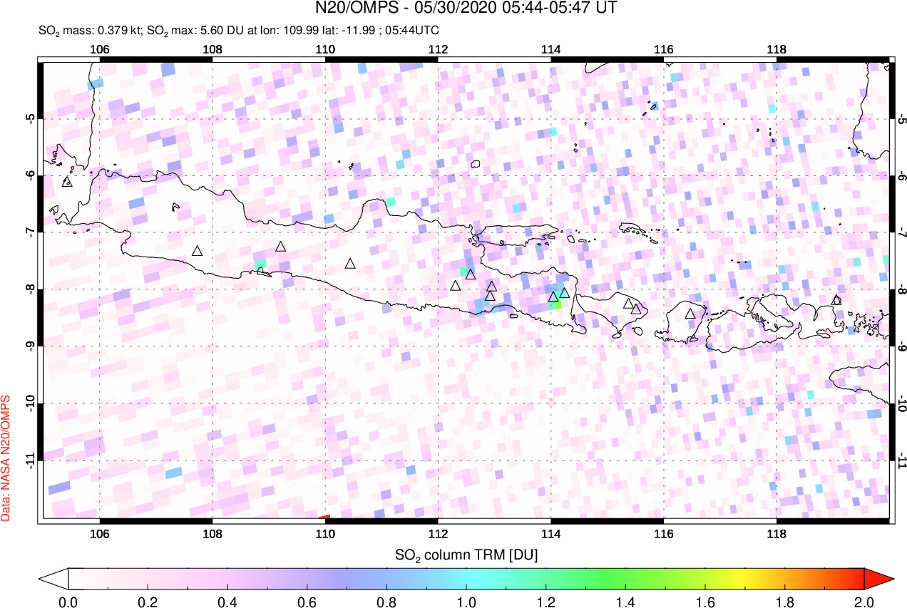 A sulfur dioxide image over Java, Indonesia on May 30, 2020.