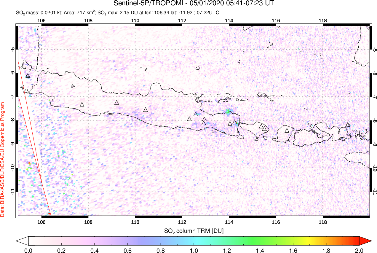 A sulfur dioxide image over Java, Indonesia on May 01, 2020.