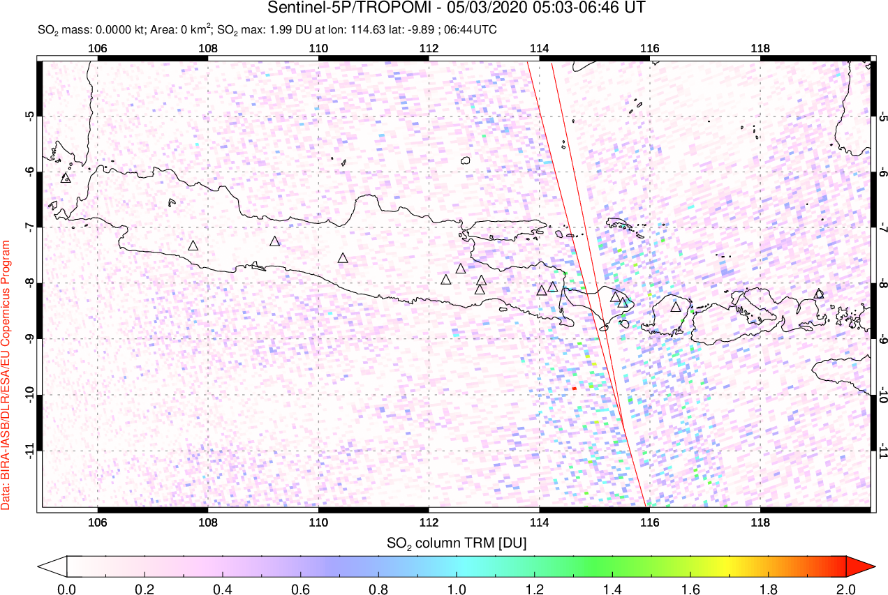 A sulfur dioxide image over Java, Indonesia on May 03, 2020.