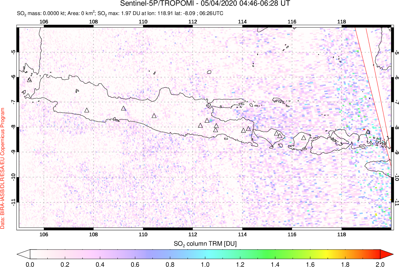 A sulfur dioxide image over Java, Indonesia on May 04, 2020.