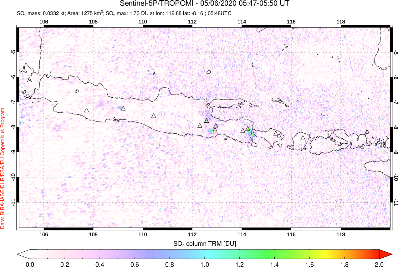 A sulfur dioxide image over Java, Indonesia on May 06, 2020.
