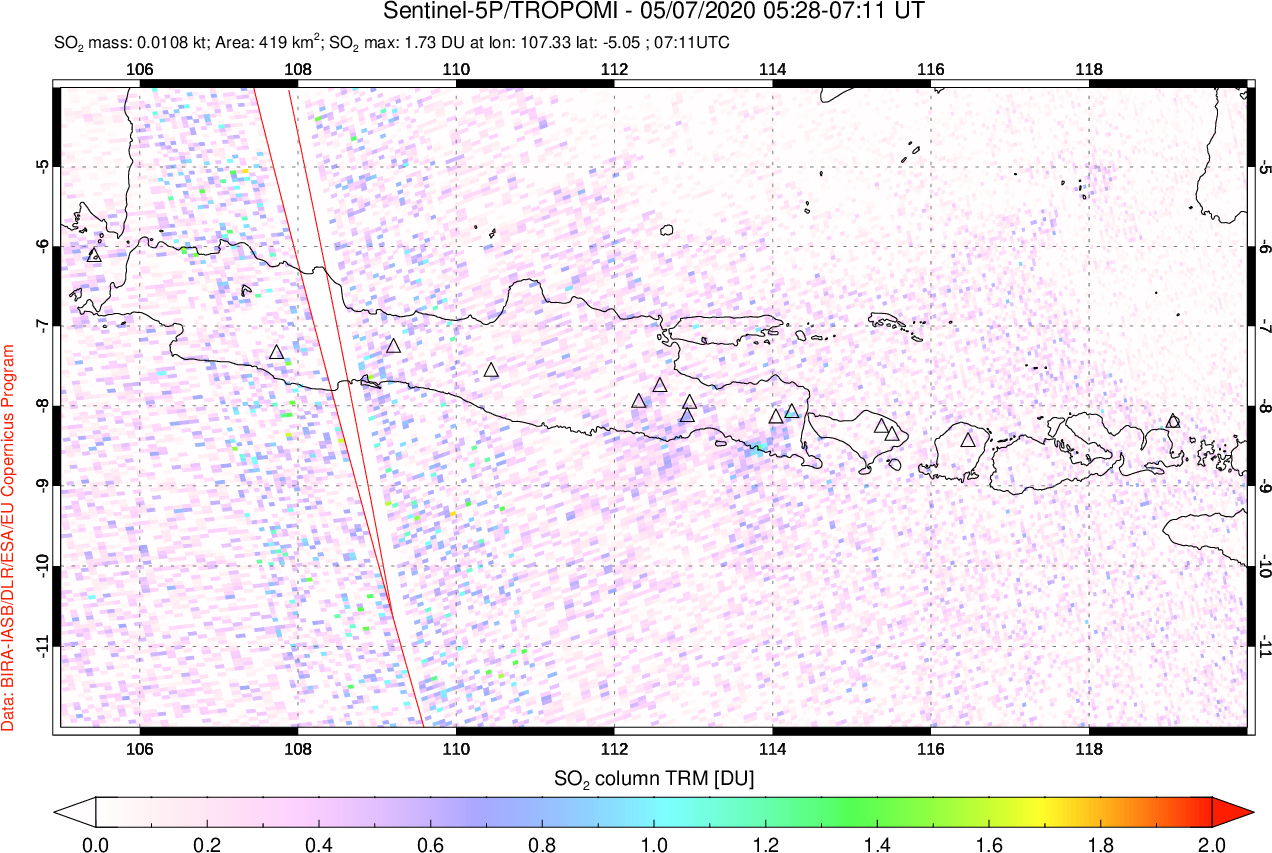 A sulfur dioxide image over Java, Indonesia on May 07, 2020.