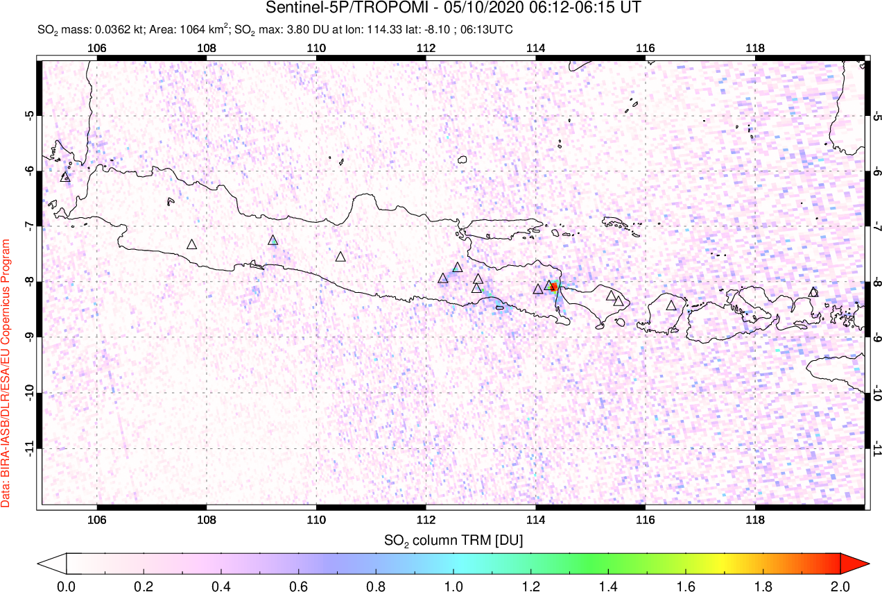 A sulfur dioxide image over Java, Indonesia on May 10, 2020.