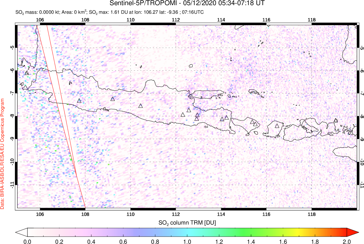 A sulfur dioxide image over Java, Indonesia on May 12, 2020.