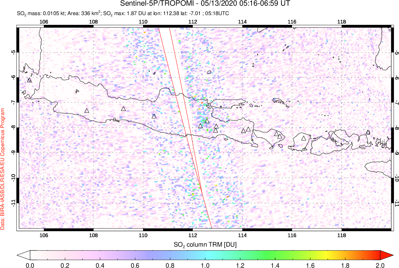 A sulfur dioxide image over Java, Indonesia on May 13, 2020.