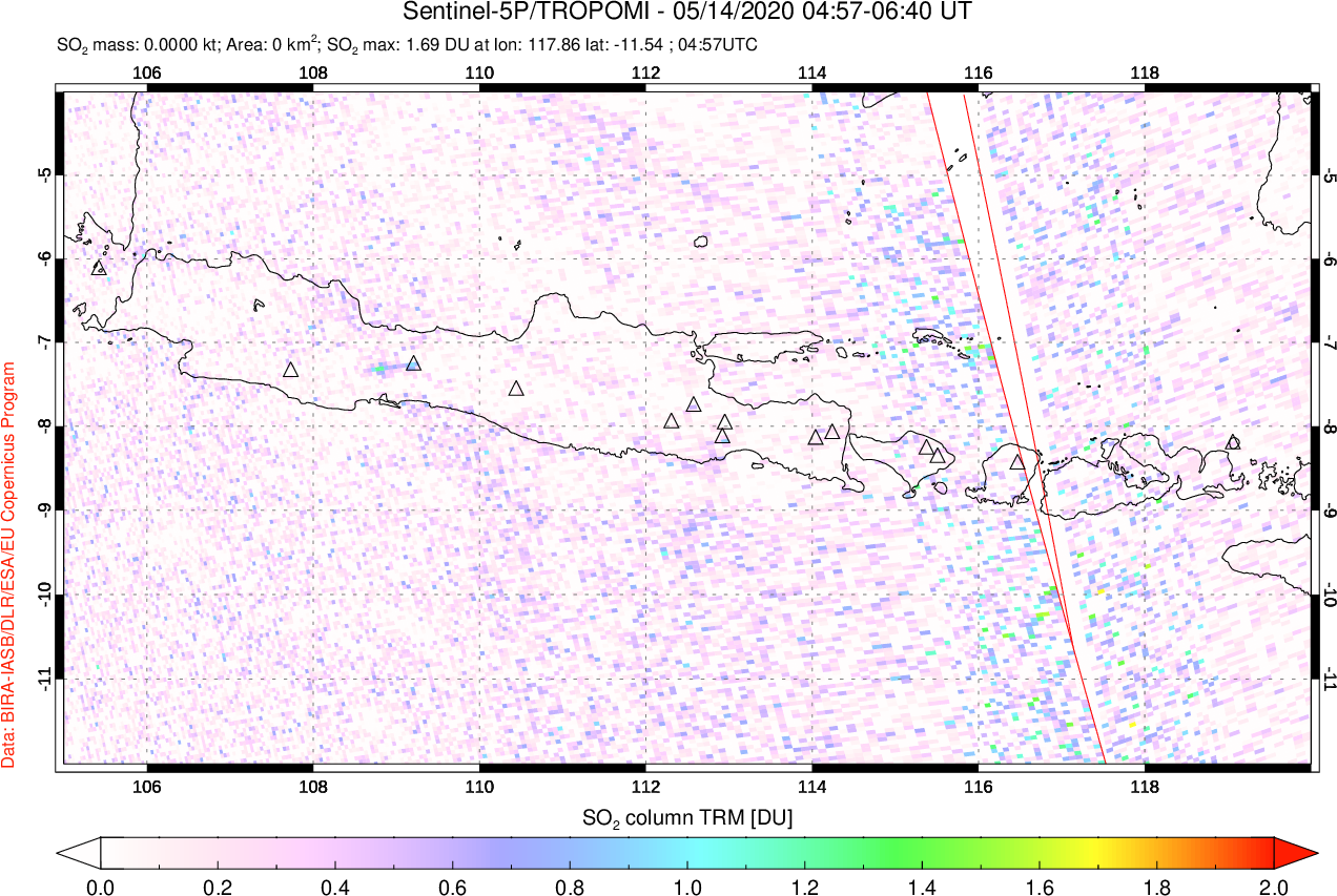A sulfur dioxide image over Java, Indonesia on May 14, 2020.
