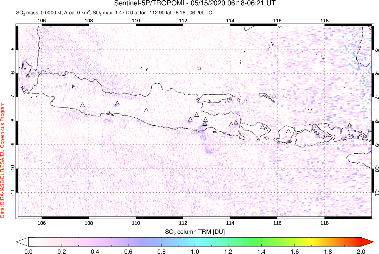 A sulfur dioxide image over Java, Indonesia on May 15, 2020.