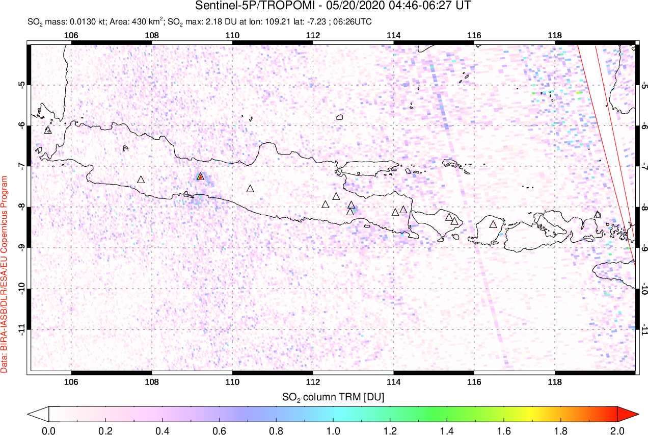A sulfur dioxide image over Java, Indonesia on May 20, 2020.