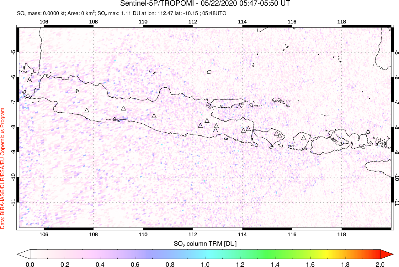 A sulfur dioxide image over Java, Indonesia on May 22, 2020.