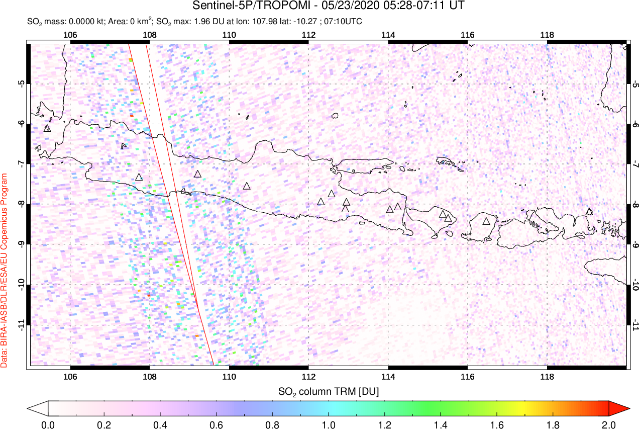 A sulfur dioxide image over Java, Indonesia on May 23, 2020.