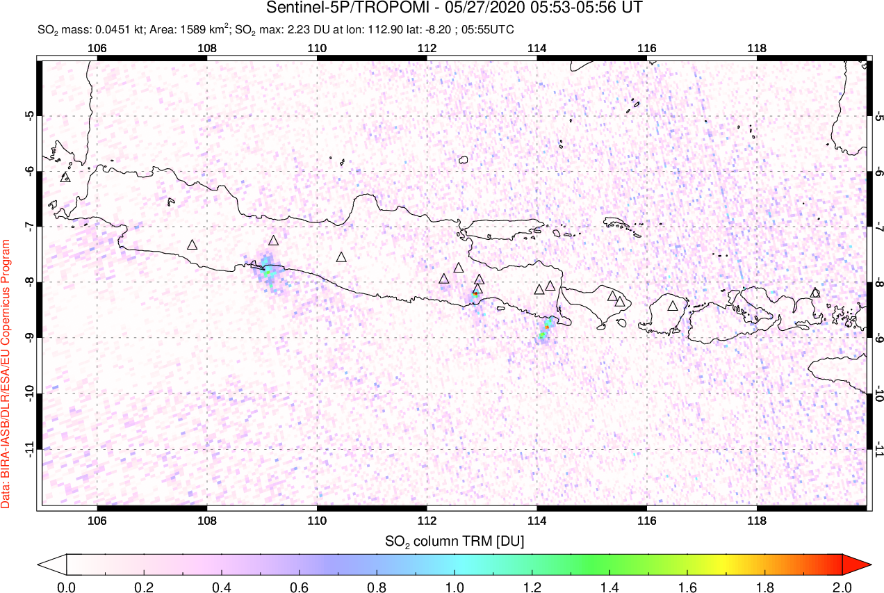 A sulfur dioxide image over Java, Indonesia on May 27, 2020.