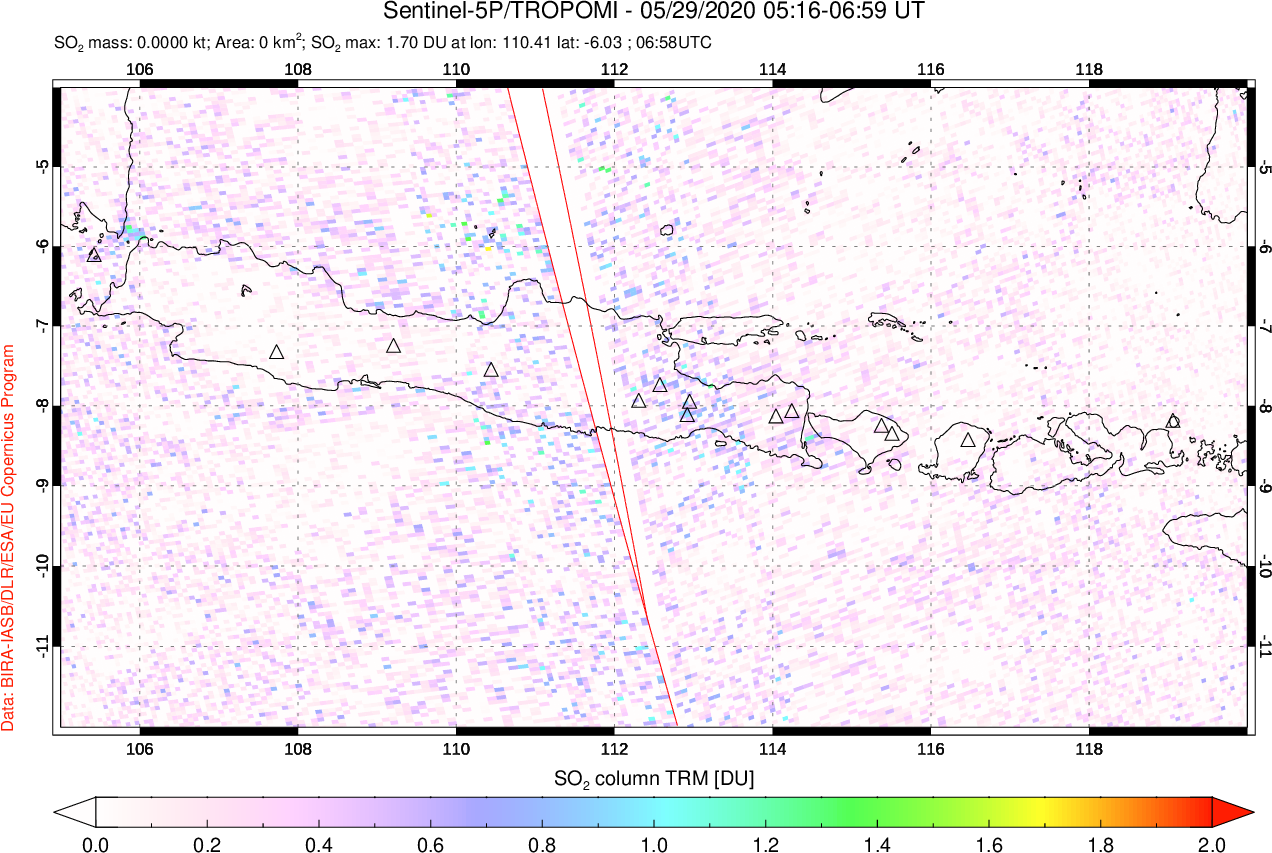 A sulfur dioxide image over Java, Indonesia on May 29, 2020.