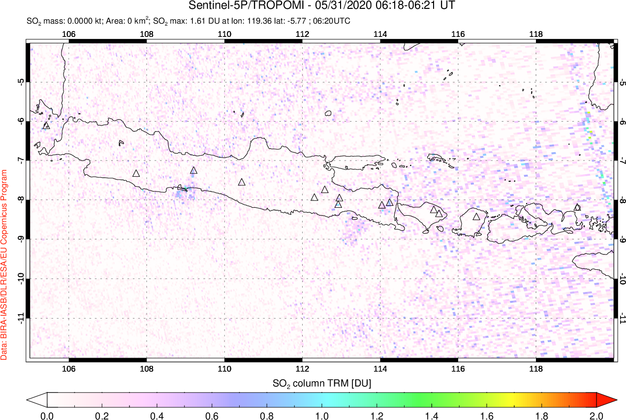 A sulfur dioxide image over Java, Indonesia on May 31, 2020.