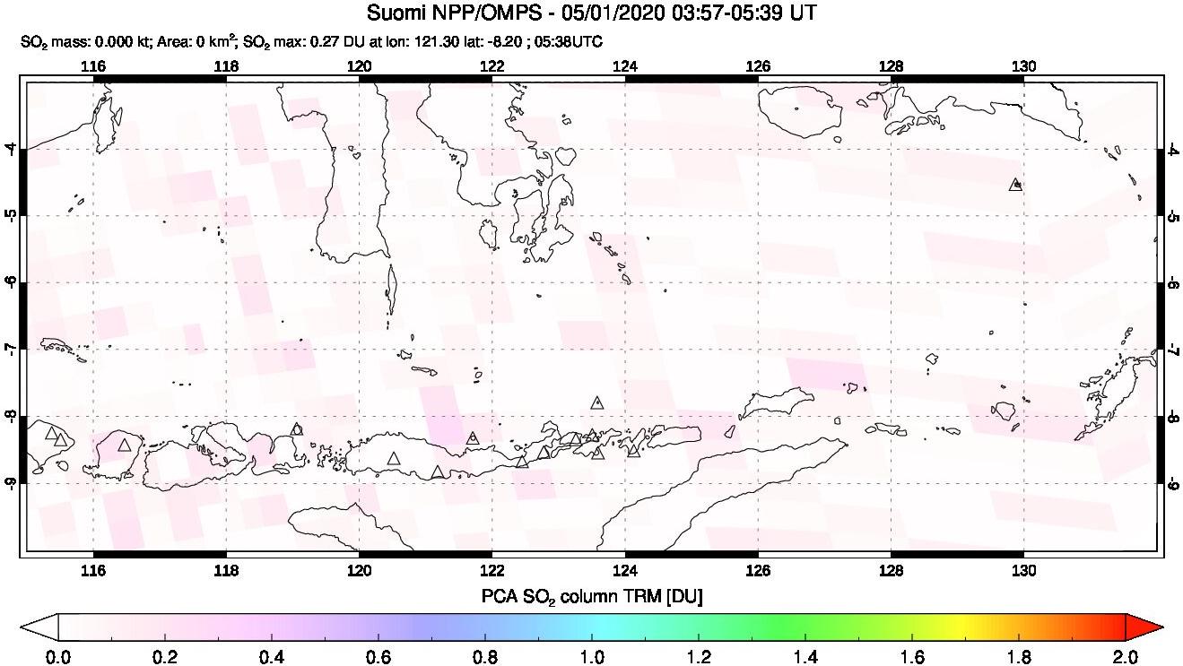 A sulfur dioxide image over Lesser Sunda Islands, Indonesia on May 01, 2020.