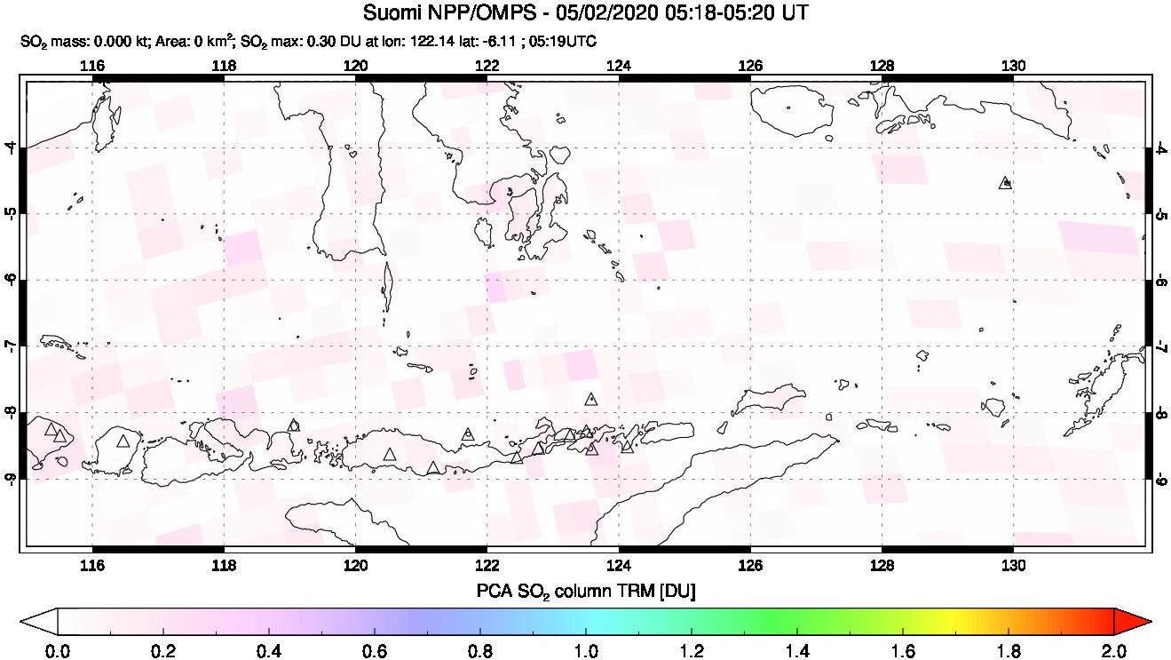 A sulfur dioxide image over Lesser Sunda Islands, Indonesia on May 02, 2020.