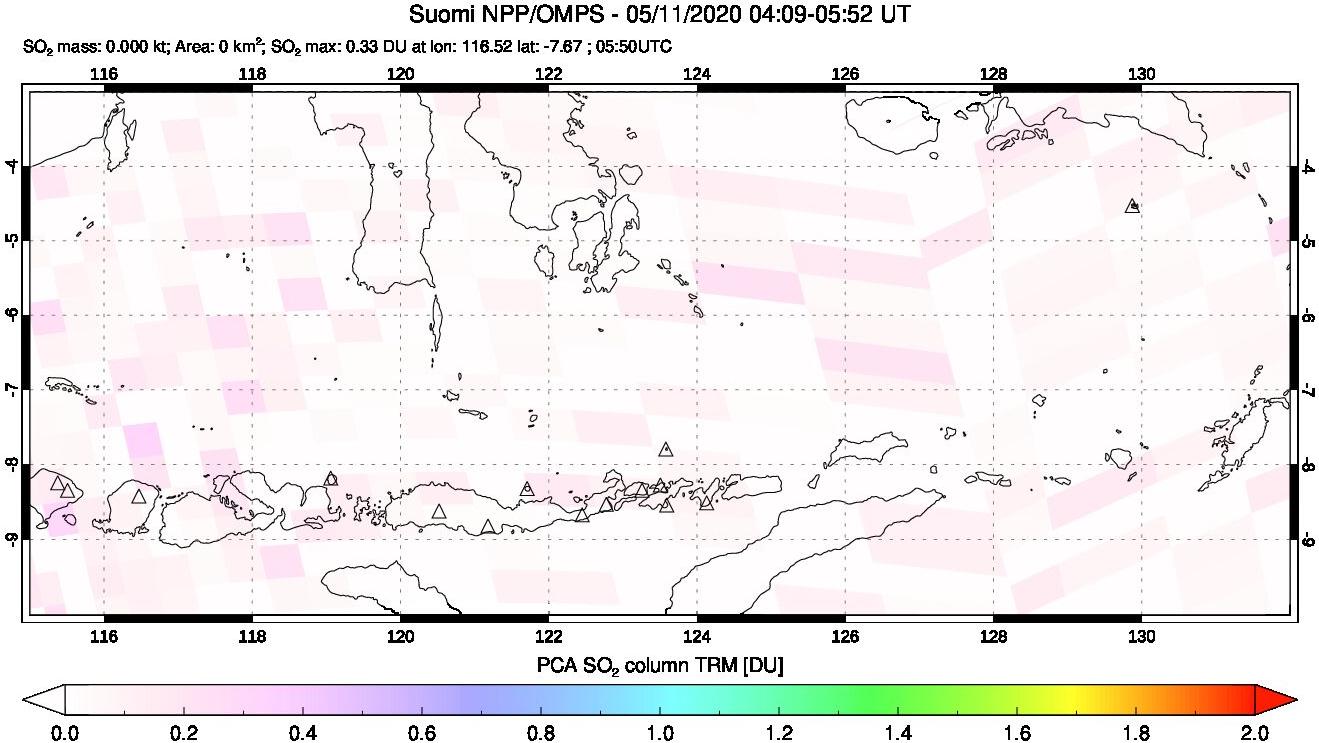 A sulfur dioxide image over Lesser Sunda Islands, Indonesia on May 11, 2020.