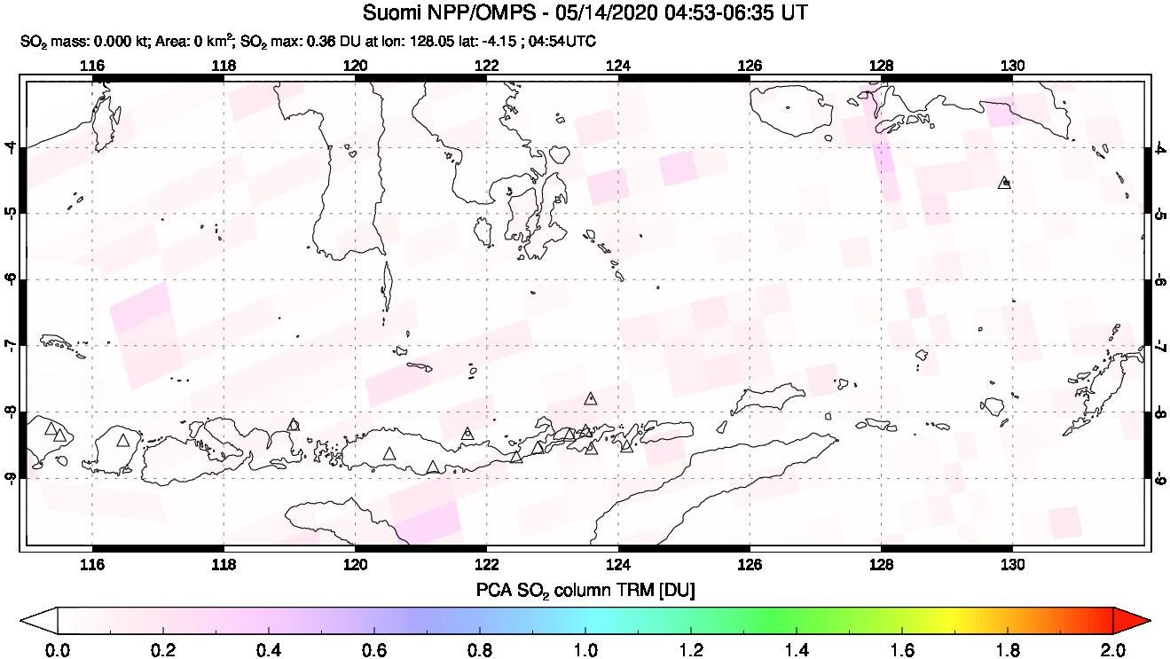 A sulfur dioxide image over Lesser Sunda Islands, Indonesia on May 14, 2020.