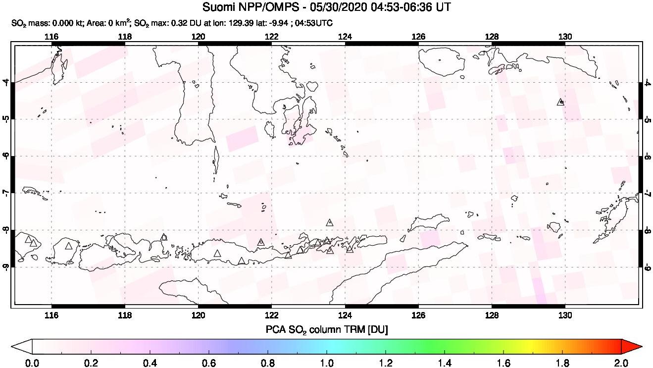 A sulfur dioxide image over Lesser Sunda Islands, Indonesia on May 30, 2020.