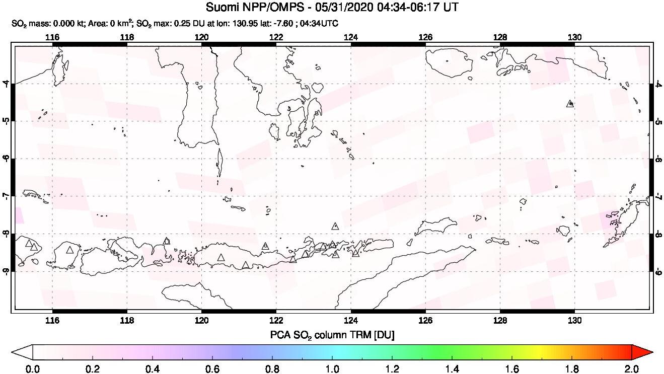 A sulfur dioxide image over Lesser Sunda Islands, Indonesia on May 31, 2020.