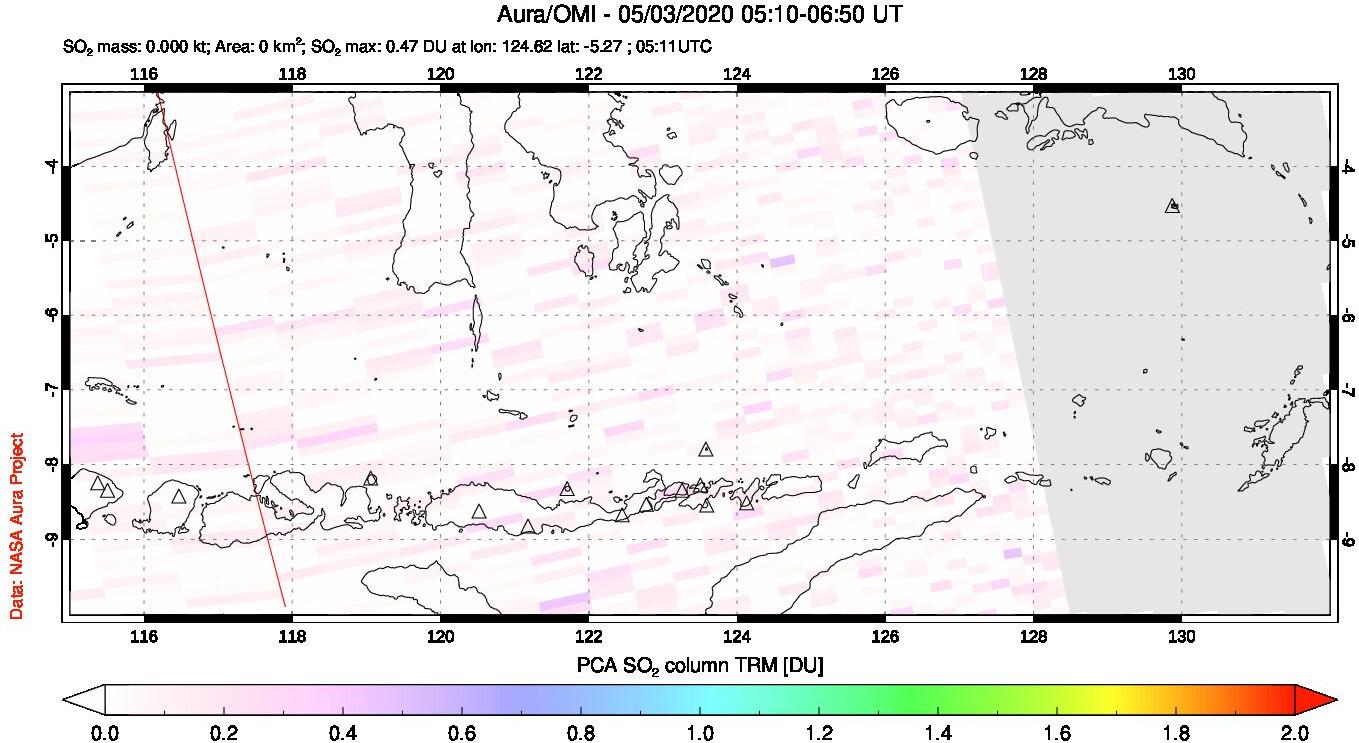 A sulfur dioxide image over Lesser Sunda Islands, Indonesia on May 03, 2020.
