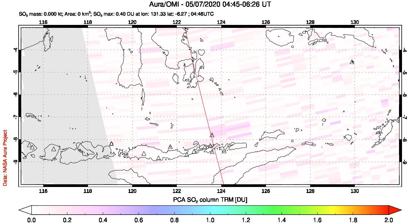 A sulfur dioxide image over Lesser Sunda Islands, Indonesia on May 07, 2020.