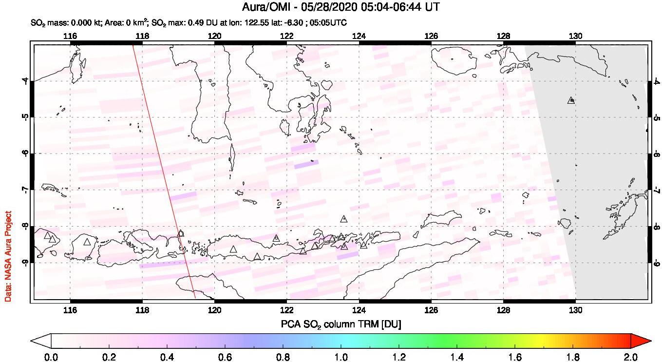 A sulfur dioxide image over Lesser Sunda Islands, Indonesia on May 28, 2020.