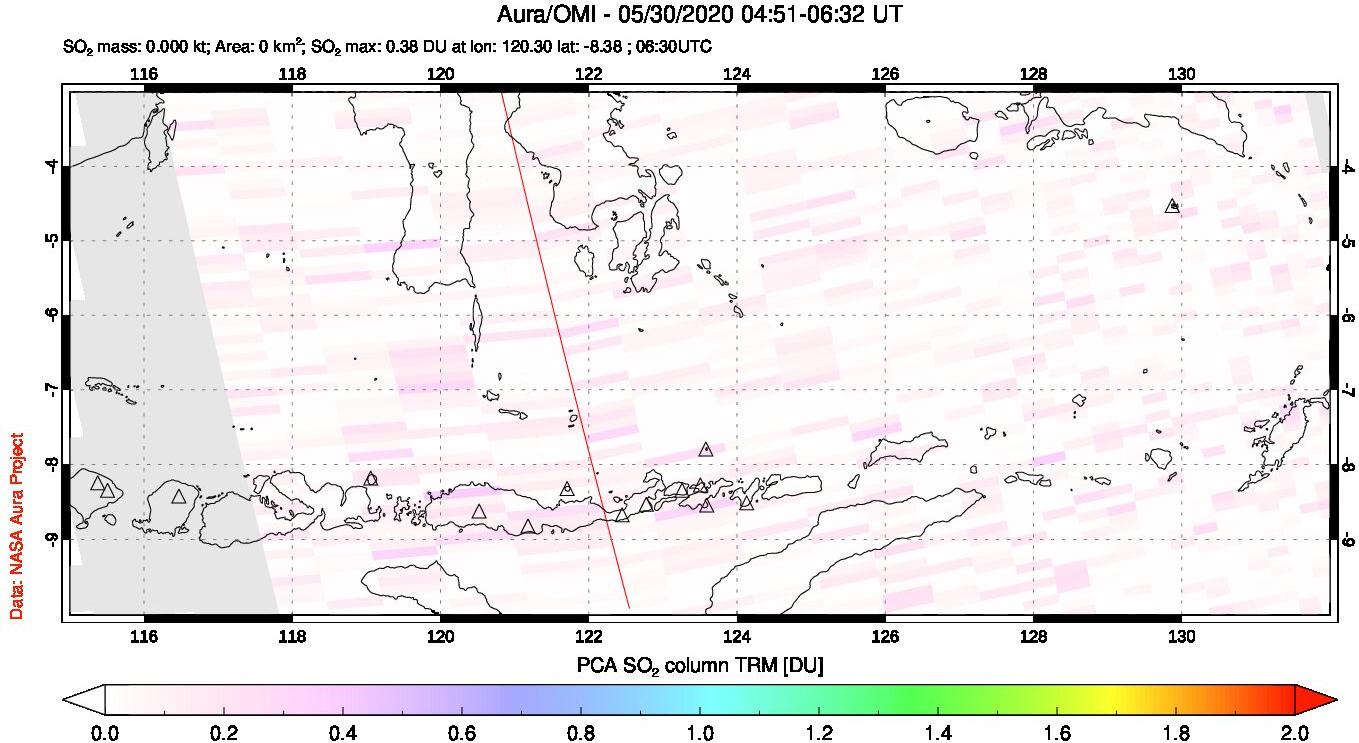 A sulfur dioxide image over Lesser Sunda Islands, Indonesia on May 30, 2020.