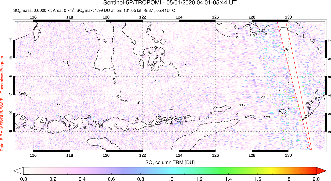 A sulfur dioxide image over Lesser Sunda Islands, Indonesia on May 01, 2020.