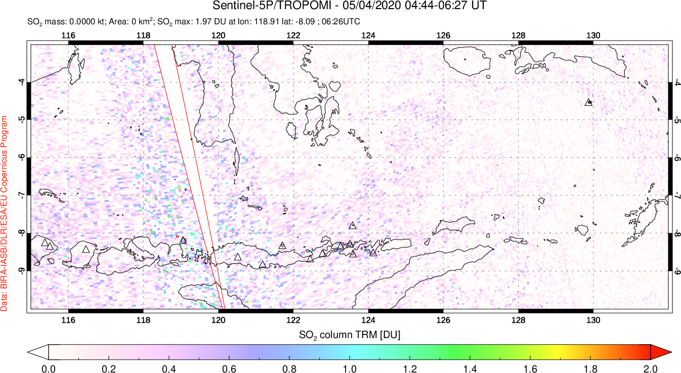 A sulfur dioxide image over Lesser Sunda Islands, Indonesia on May 04, 2020.