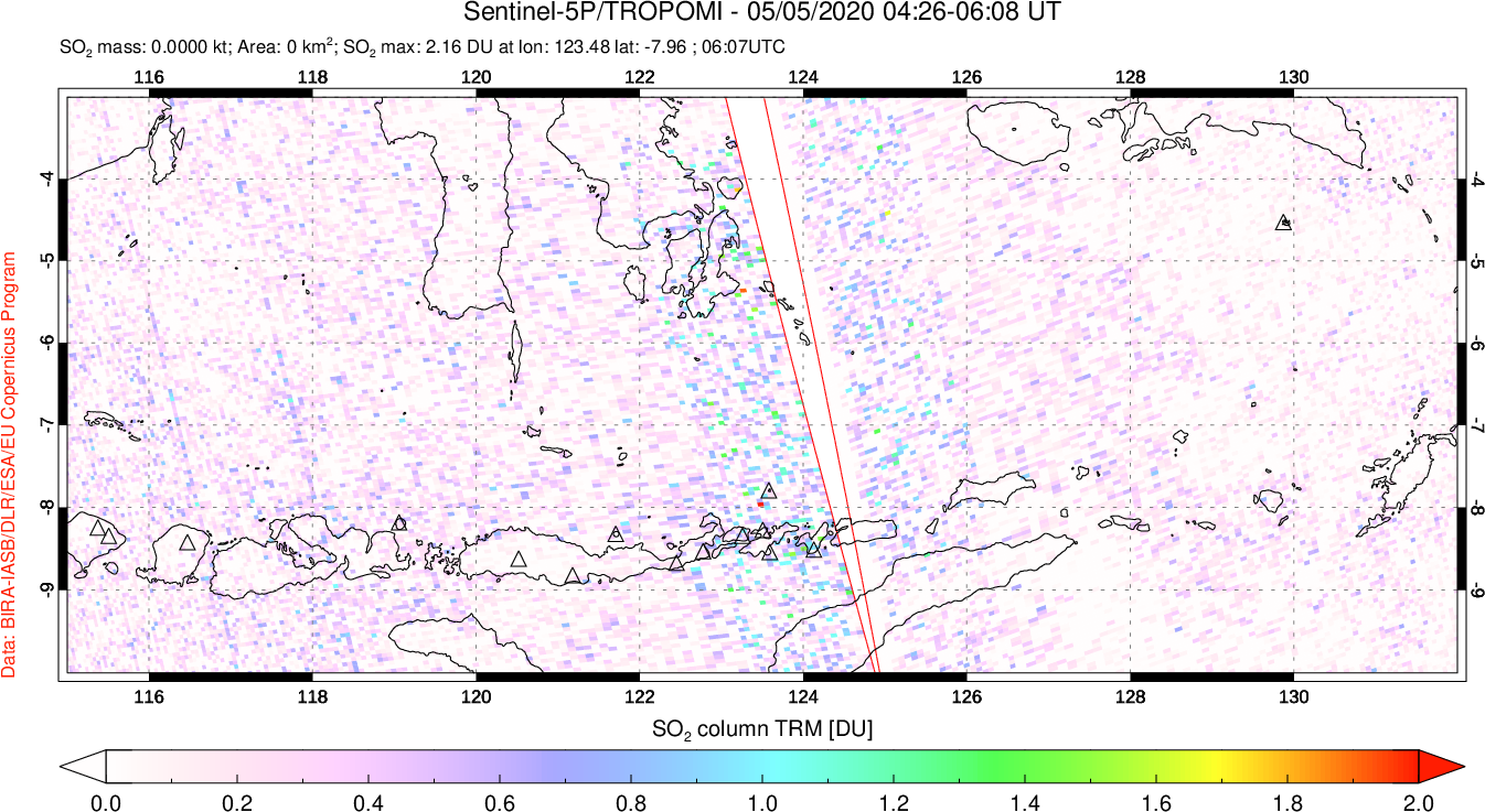 A sulfur dioxide image over Lesser Sunda Islands, Indonesia on May 05, 2020.
