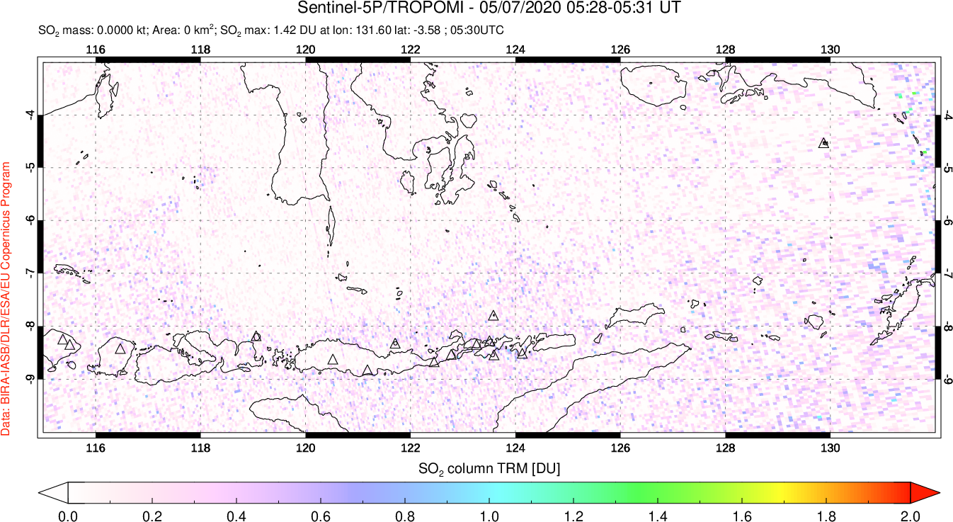 A sulfur dioxide image over Lesser Sunda Islands, Indonesia on May 07, 2020.