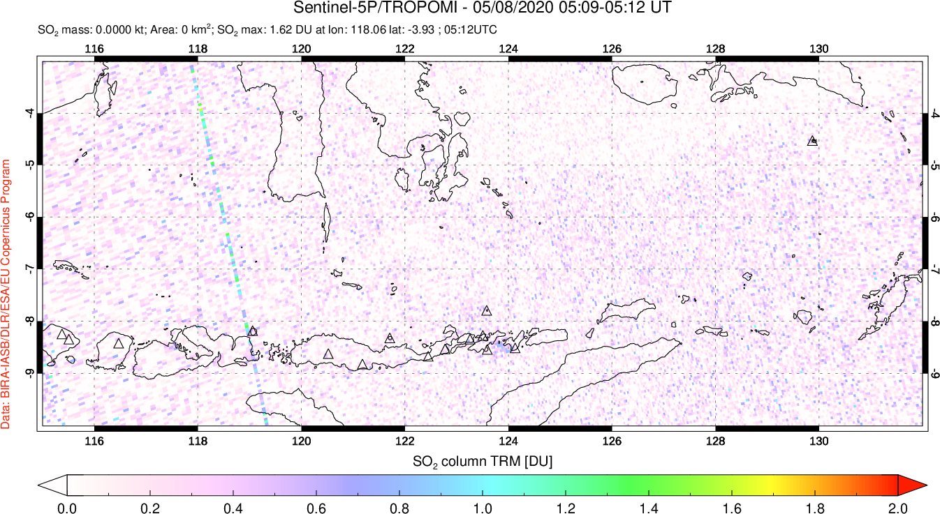 A sulfur dioxide image over Lesser Sunda Islands, Indonesia on May 08, 2020.