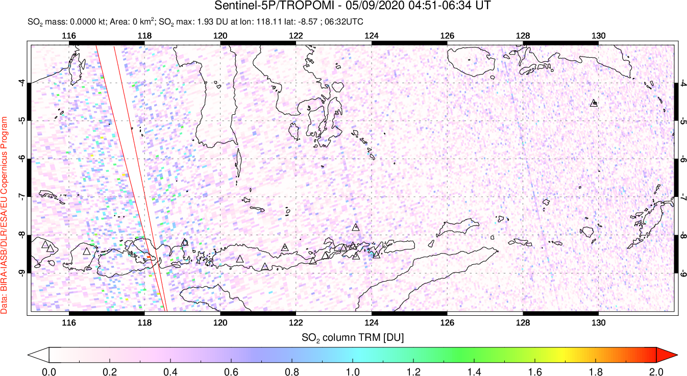 A sulfur dioxide image over Lesser Sunda Islands, Indonesia on May 09, 2020.