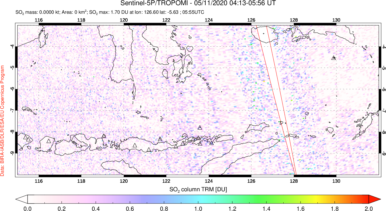 A sulfur dioxide image over Lesser Sunda Islands, Indonesia on May 11, 2020.
