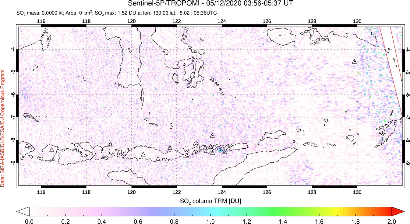 A sulfur dioxide image over Lesser Sunda Islands, Indonesia on May 12, 2020.