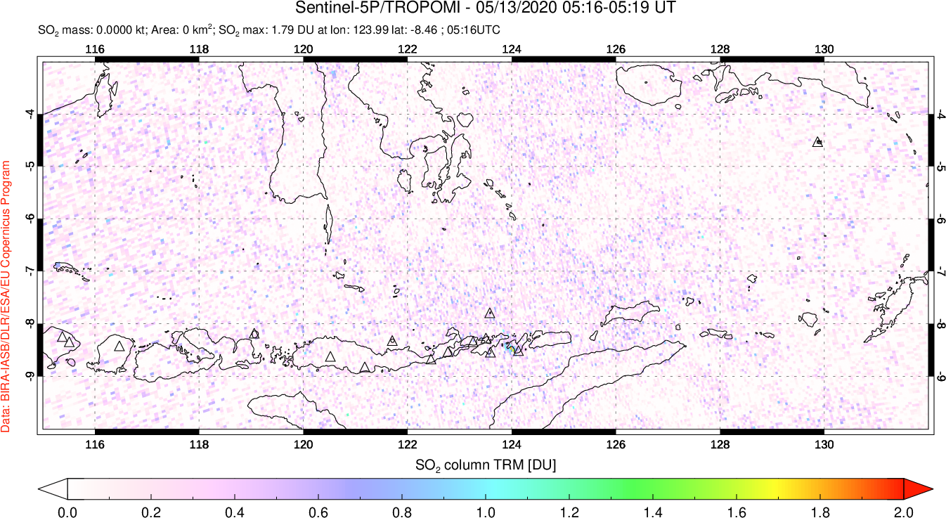 A sulfur dioxide image over Lesser Sunda Islands, Indonesia on May 13, 2020.