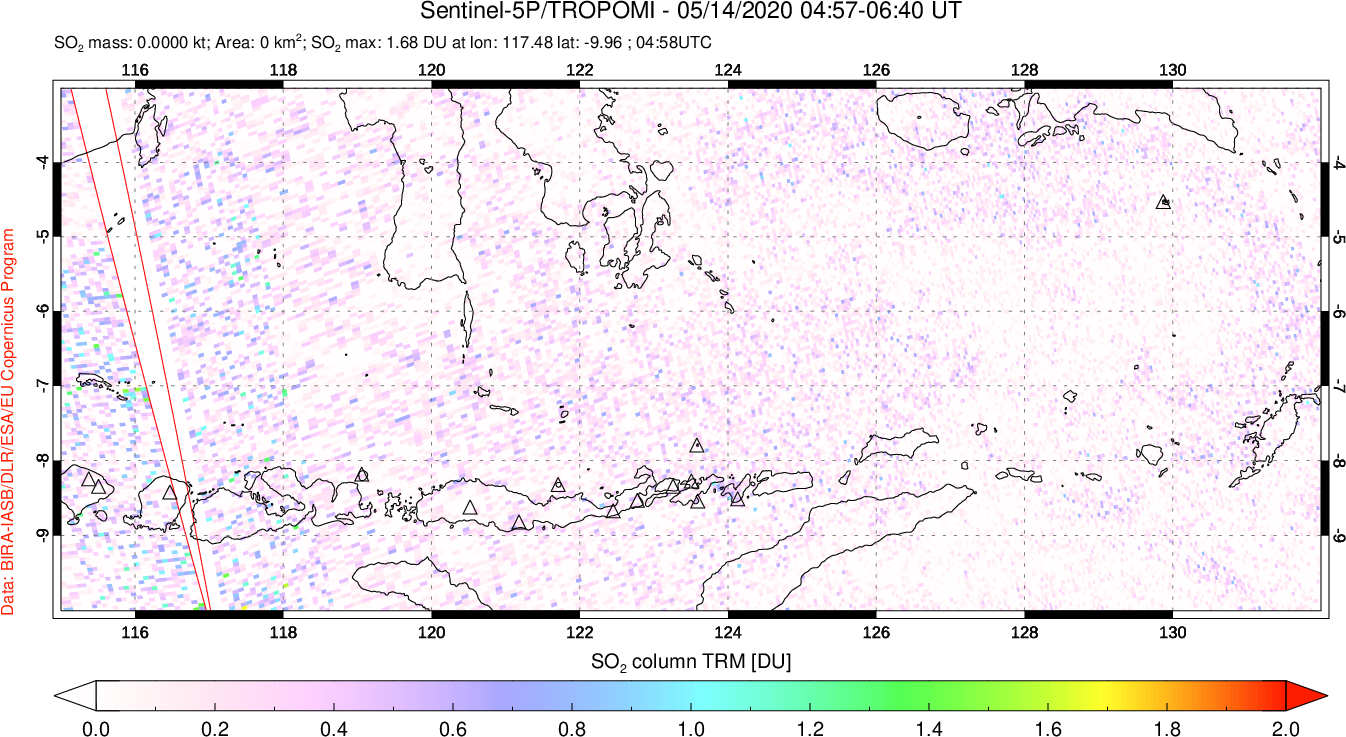 A sulfur dioxide image over Lesser Sunda Islands, Indonesia on May 14, 2020.