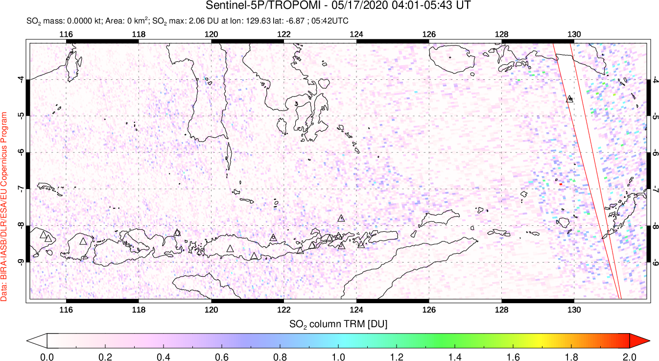 A sulfur dioxide image over Lesser Sunda Islands, Indonesia on May 17, 2020.