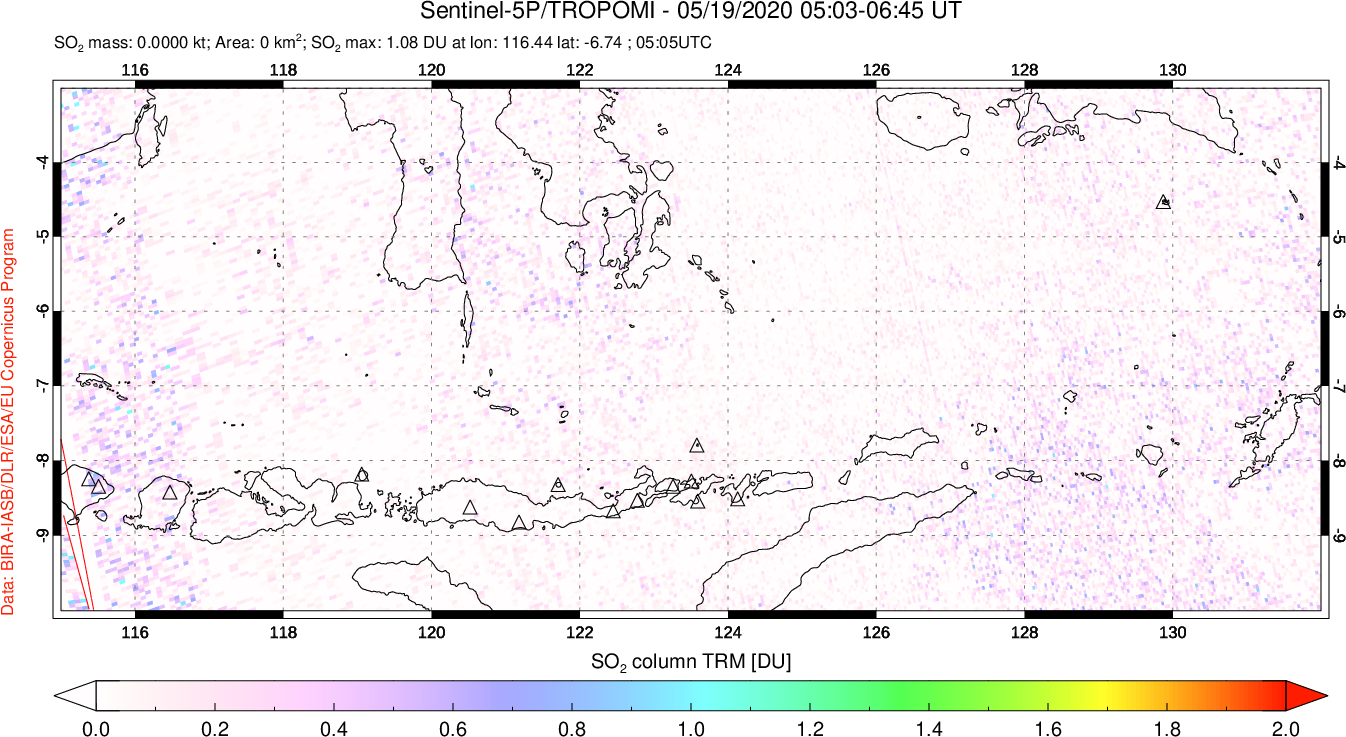 A sulfur dioxide image over Lesser Sunda Islands, Indonesia on May 19, 2020.