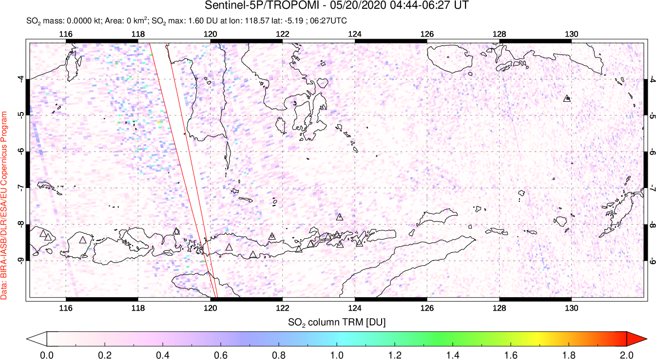 A sulfur dioxide image over Lesser Sunda Islands, Indonesia on May 20, 2020.