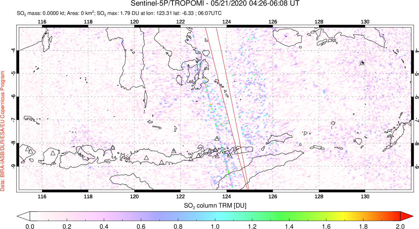 A sulfur dioxide image over Lesser Sunda Islands, Indonesia on May 21, 2020.