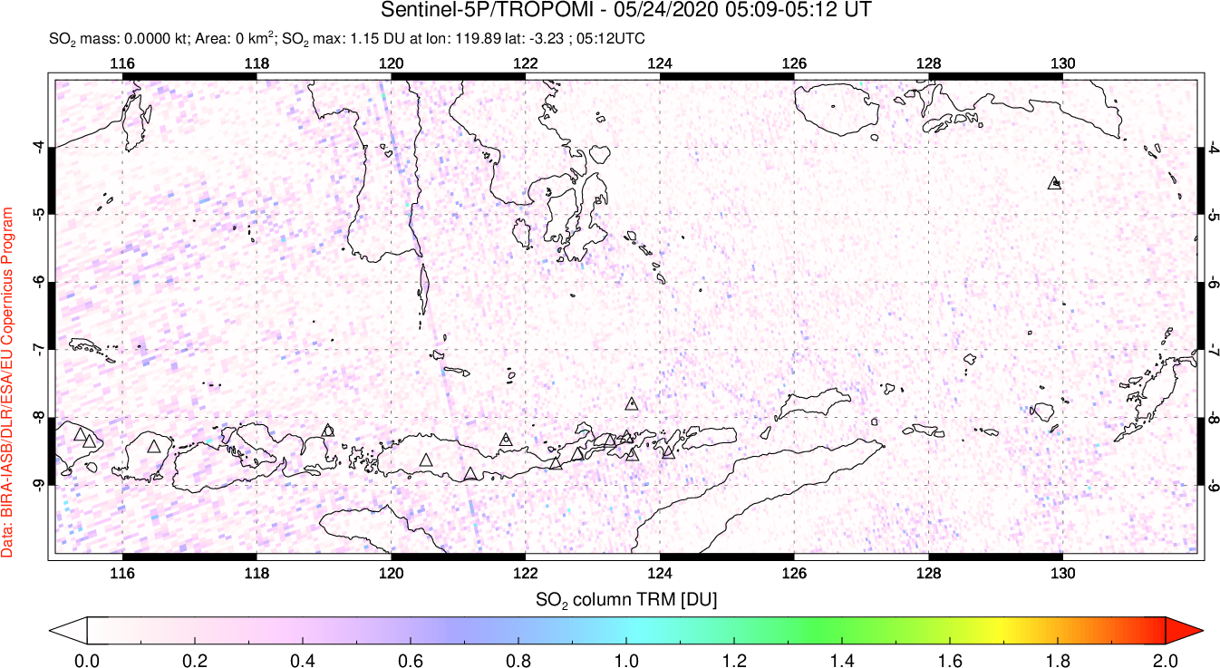 A sulfur dioxide image over Lesser Sunda Islands, Indonesia on May 24, 2020.