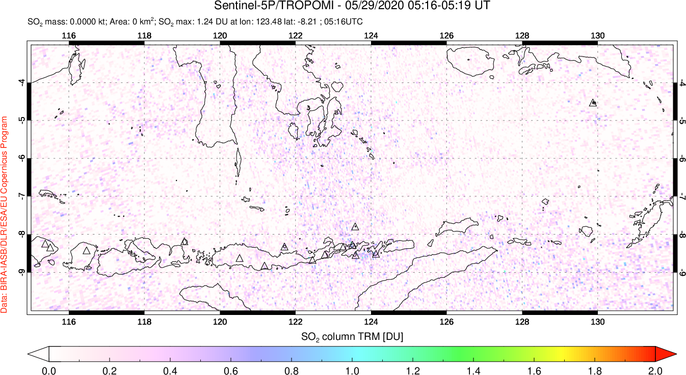 A sulfur dioxide image over Lesser Sunda Islands, Indonesia on May 29, 2020.