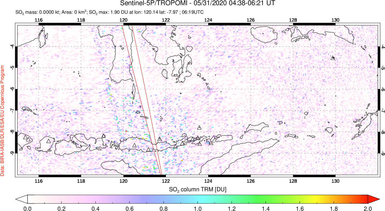 A sulfur dioxide image over Lesser Sunda Islands, Indonesia on May 31, 2020.