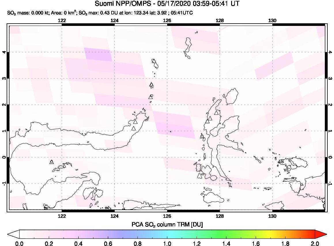 A sulfur dioxide image over Northern Sulawesi & Halmahera, Indonesia on May 17, 2020.