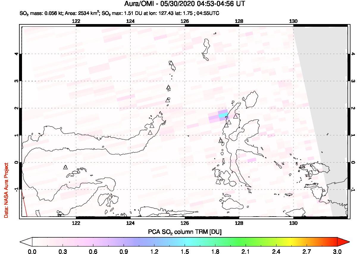 A sulfur dioxide image over Northern Sulawesi & Halmahera, Indonesia on May 30, 2020.