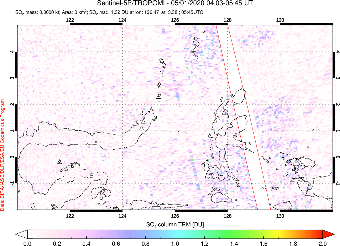 A sulfur dioxide image over Northern Sulawesi & Halmahera, Indonesia on May 01, 2020.