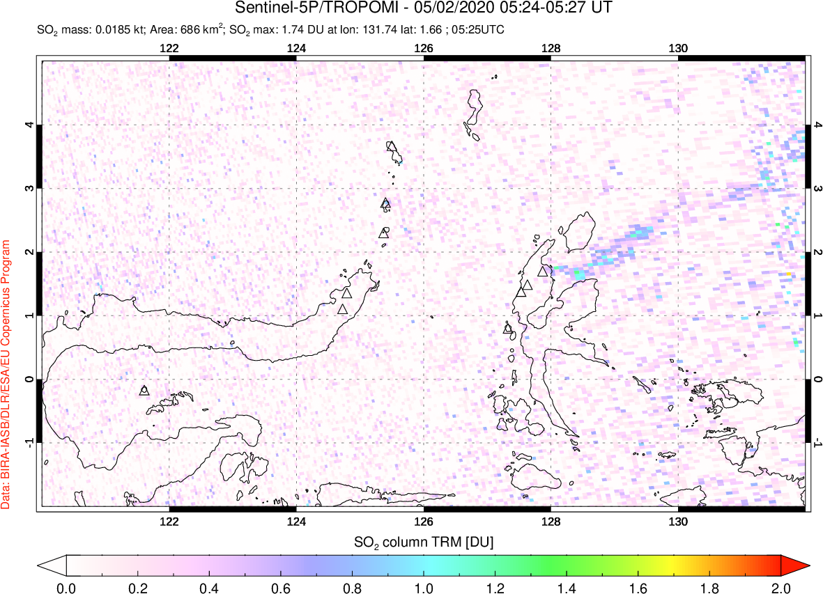 A sulfur dioxide image over Northern Sulawesi & Halmahera, Indonesia on May 02, 2020.