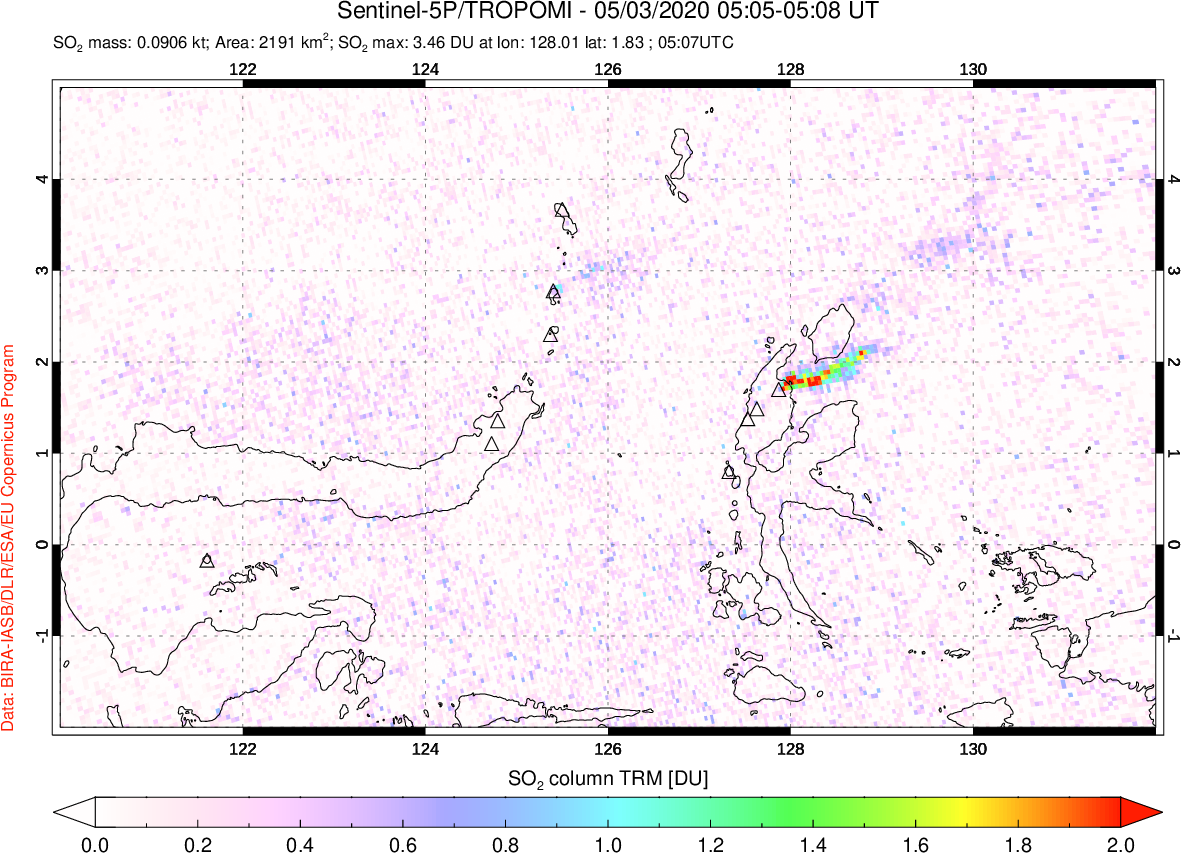 A sulfur dioxide image over Northern Sulawesi & Halmahera, Indonesia on May 03, 2020.