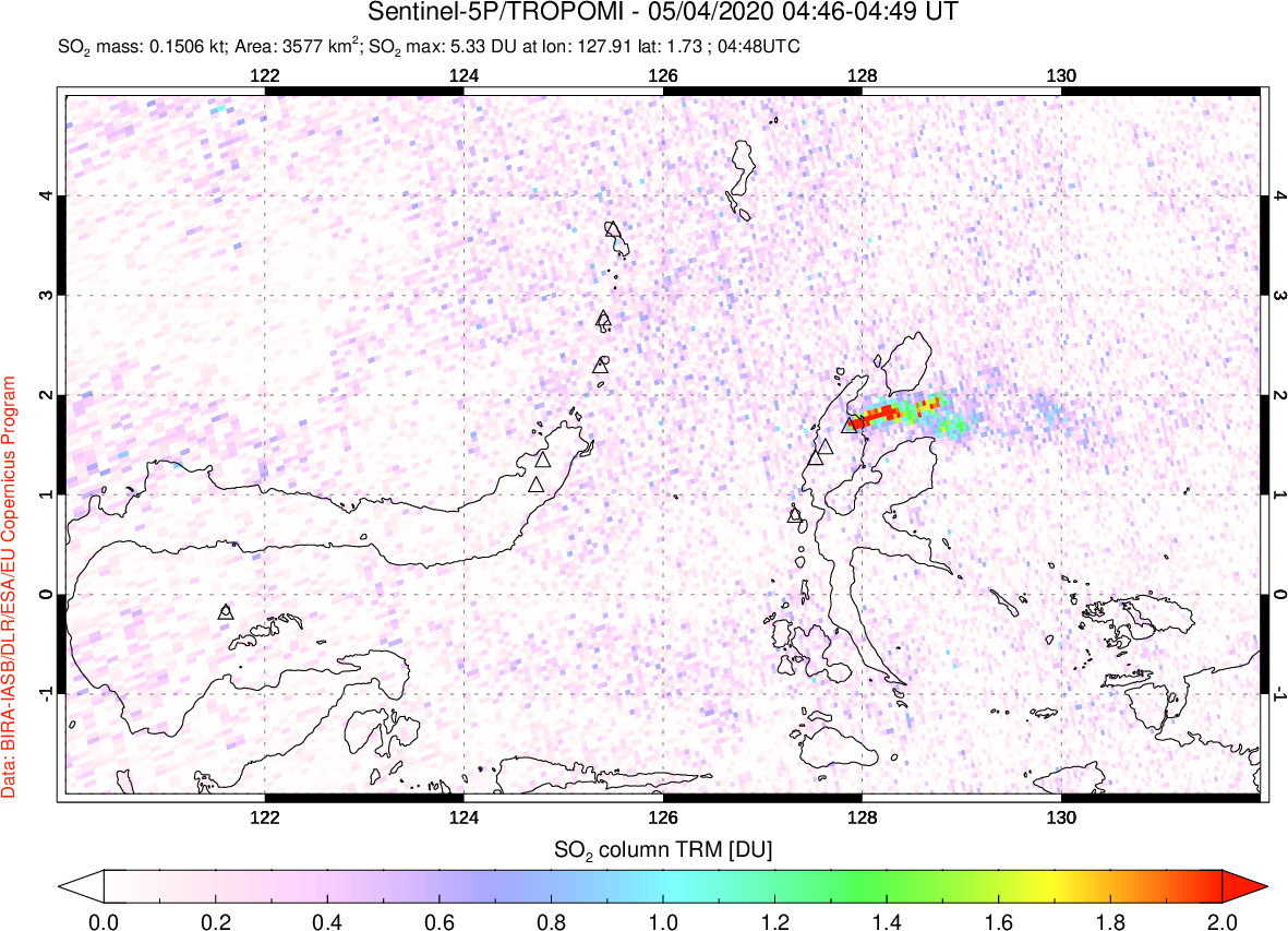 A sulfur dioxide image over Northern Sulawesi & Halmahera, Indonesia on May 04, 2020.
